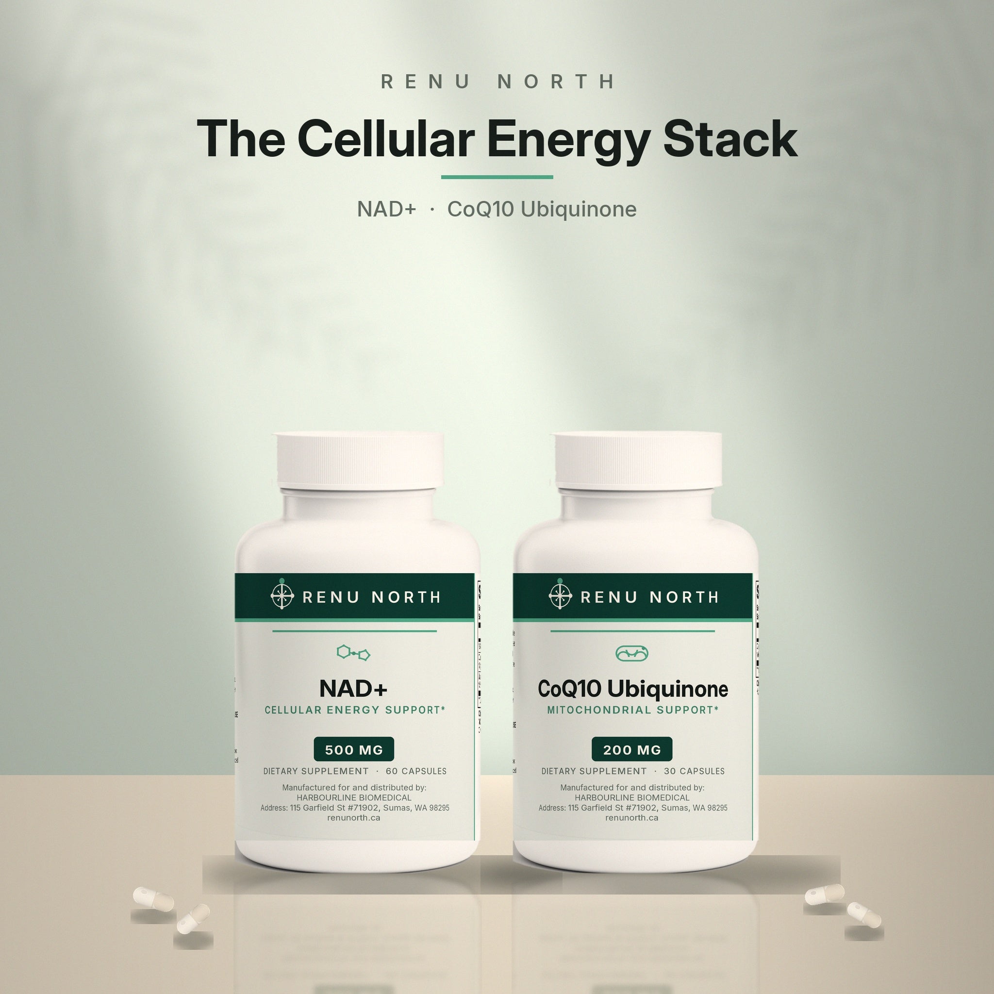 The Cellular Energy Stack by Renu North — NAD+ and CoQ10 Ubiquinone bottles