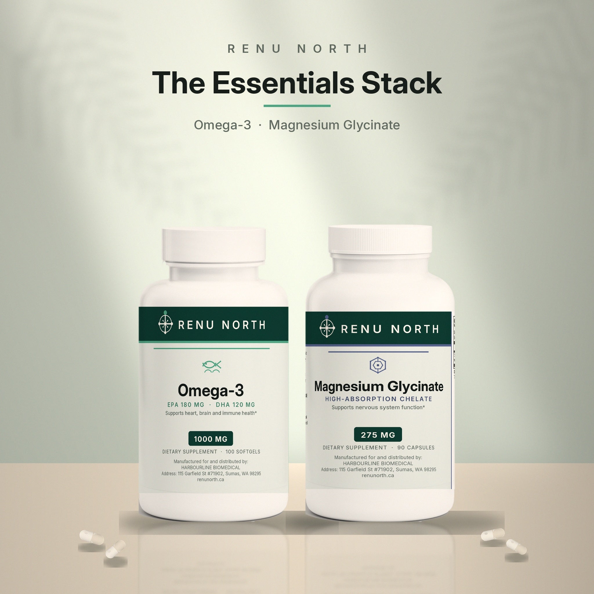 The Essentials Stack by Renu North — Omega-3 and Magnesium Glycinate bottles