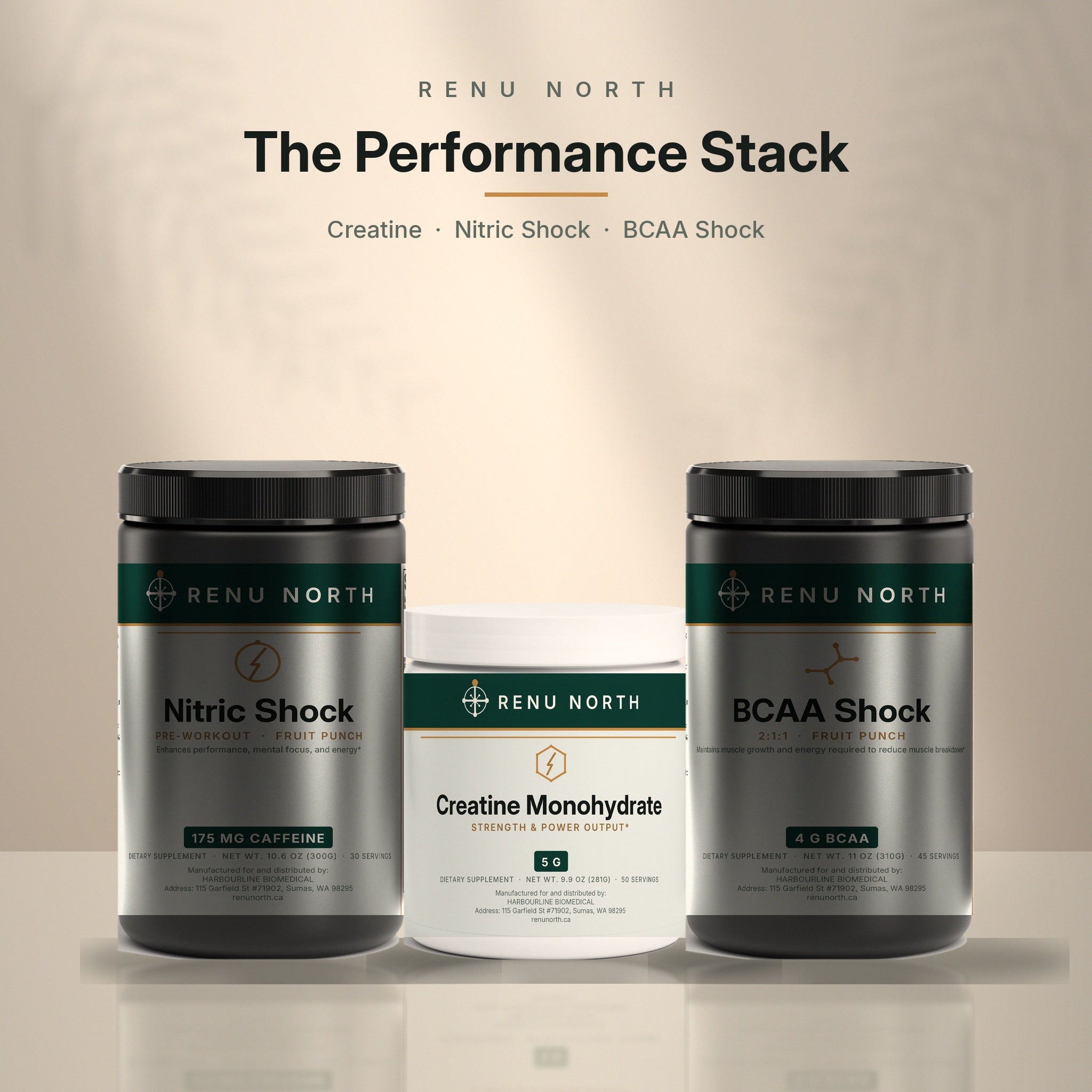 The Performance Stack by Renu North — Creatine Monohydrate, Nitric Shock Pre-Workout and BCAA Shock Powder