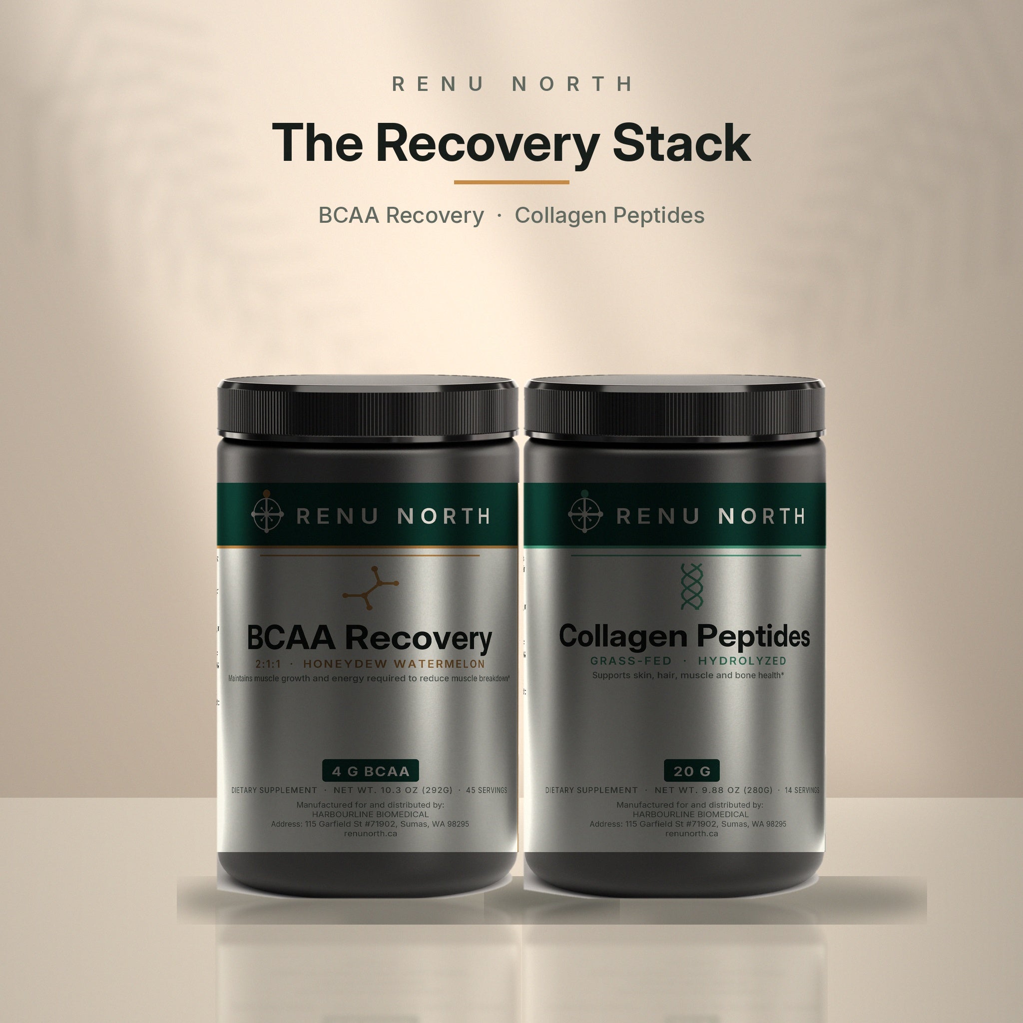 The Recovery Stack by Renu North — BCAA Post Workout Powder and Grass-Fed Hydrolyzed Collagen